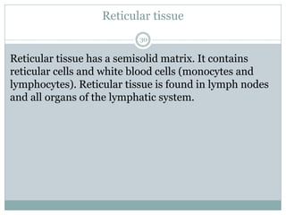 Reticular tissue
30
Reticular tissue has a semisolid matrix. It contains
reticular cells and white blood cells (monocytes and
lymphocytes). Reticular tissue is found in lymph nodes
and all organs of the lymphatic system.
 