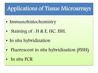 Applications of Tissue Microarrays
• Immunohistochemistry
• Staining of : H & E, HC, ISH,
• In situ hybridization
• Fluorescent in situ hybridization (FISH)
• In situ PCR
 