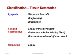 Classification – Tissue Nematodes
Lymphatic Wuchereria bancrofti
Brugia malayi
Skin and
Subcutaneous
Loa loa (African eye worm)
Onchocerca volvulus (blinding filaria)
Dracunculus medinensis (thread worm)
Brugia timori
Conjunctiva Loa loa
7/9/2021 Dept of Microbiology 13
 