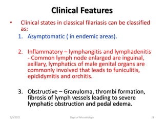 Clinical Features
• Clinical states in classical filariasis can be classified
as:
1. Asymptomatic ( in endemic areas).
2. Inflammatory – lymphangitis and lymphadenitis
- Common lymph node enlarged are inguinal,
axillary, lymphatics of male genital organs are
commonly involved that leads to funiculitis,
epididymitis and orchitis.
3. Obstructive – Granuloma, thrombi formation,
fibrosis of lymph vessels leading to severe
lymphatic obstruction and pedal edema.
7/9/2021 Dept of Microbiology 28
 