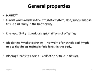 General properties
• HABITAT:
• Filarial worm reside in the lymphatic system, skin, subcutaneous
tissue and rarely in the body cavity.
• Live upto 5 -7 yrs produces upto millions of offspring.
• Blocks the lymphatic system – Network of channels and lymph
nodes that helps maintain fluid levels in the body.
• Blockage leads to edema – collection of fluid in tissues.
7/9/2021 Dept of Microbiology 3
 