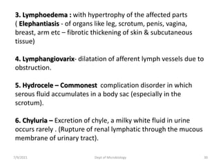3. Lymphoedema : with hypertrophy of the affected parts
( Elephantiasis - of organs like leg, scrotum, penis, vagina,
breast, arm etc – fibrotic thickening of skin & subcutaneous
tissue)
4. Lymphangiovarix- dilatation of afferent lymph vessels due to
obstruction.
5. Hydrocele – Commonest complication disorder in which
serous fluid accumulates in a body sac (especially in the
scrotum).
6. Chyluria – Excretion of chyle, a milky white fluid in urine
occurs rarely . (Rupture of renal lymphatic through the mucous
membrane of urinary tract).
7/9/2021 Dept of Microbiology 30
 