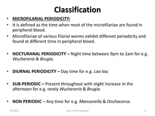 Classification
• MICROFILARIAL PERIODICITY:
• It is defined as the time when most of the microfilariae are found in
peripheral blood.
• Microfilariae of various filarial worms exhibit different periodicity and
found at different time in peripheral blood.
• NOCTURANAL PERIODICITY – Night time between 9pm to 2am for e.g.
Wuchereria & Brugia.
• DIURNAL PERIODICITY – Day time for e.g. Loa loa.
• SUB-PERIODIC – Present throughout with slight increase in the
afternoon for e.g. rarely Wuchereria & Brugia.
• NON PERIODIC – Any time for e.g. Mansonella & Onchocerca.
7/9/2021 Dept of Microbiology 8
 