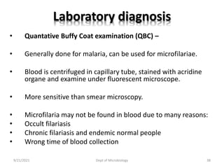 Laboratory diagnosis
• Quantative Buffy Coat examination (QBC) –
• Generally done for malaria, can be used for microfilariae.
• Blood is centrifuged in capillary tube, stained with acridine
organe and examine under fluorescent microscope.
• More sensitive than smear microscopy.
• Microfilaria may not be found in blood due to many reasons:
• Occult filariasis
• Chronic filariasis and endemic normal people
• Wrong time of blood collection
9/21/2021 Dept of Microbiology 38
 