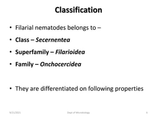 Classification
• Filarial nematodes belongs to –
• Class – Secernentea
• Superfamily – Filarioidea
• Family – Onchocercidea
• They are differentiated on following properties
9/21/2021 Dept of Microbiology 6
 