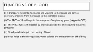 FUNCTIONS OF BLOOD
(i) It transports nutrients, hormones and vitamins to the tissues and carries
excretory products from the tissues to the excretory organs.
(ii) The RBC's of blood helps in the transport of respiratory gases,(oxygen & CO2).
(iii) The WBCs fight with diseases by producing antibodies and engulfing the germs
(antigens).
(iv) Blood platelets help in the clotting of blood.
(v) Blood helps in thermoregulation, water balance and maintenance of pH of body.
 