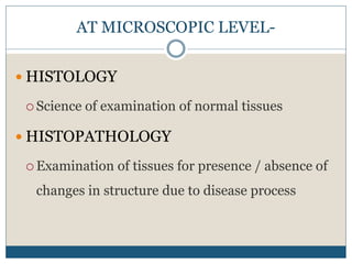 AT MICROSCOPIC LEVEL-
 HISTOLOGY
 Science of examination of normal tissues
 HISTOPATHOLOGY
 Examination of tissues for presence / absence of
changes in structure due to disease process
 