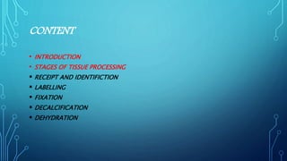 CONTENT
• INTRODUCTION
• STAGES OF TISSUE PROCESSING
 RECEIPT AND IDENTIFICTION
 LABELLING
 FIXATION
 DECALCIFICATION
 DEHYDRATION
 