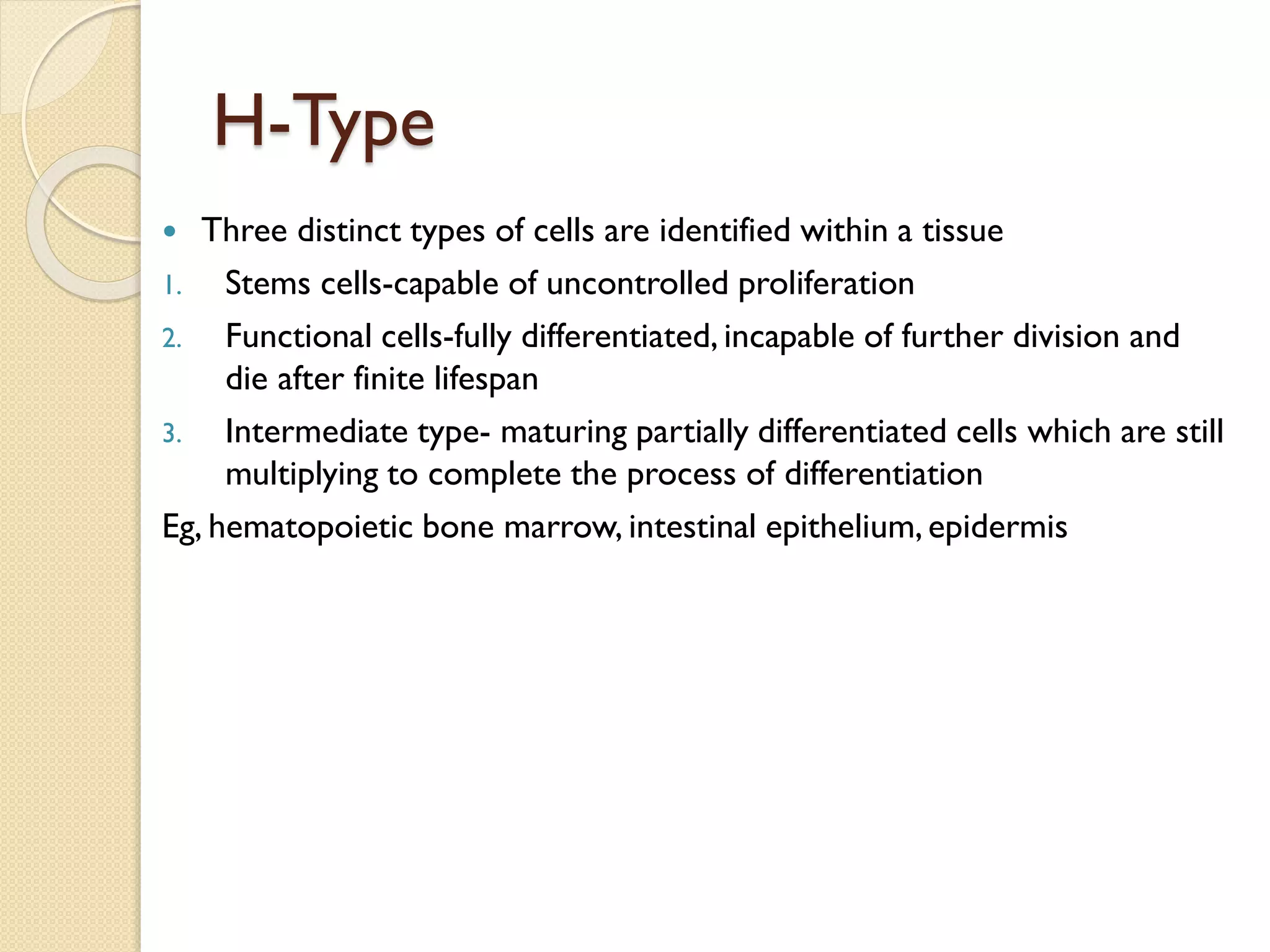 H-Type
 Three distinct types of cells are identified within a tissue
1. Stems cells-capable of uncontrolled proliferation
2. Functional cells-fully differentiated, incapable of further division and
die after finite lifespan
3. Intermediate type- maturing partially differentiated cells which are still
multiplying to complete the process of differentiation
Eg, hematopoietic bone marrow, intestinal epithelium,epidermis
 
