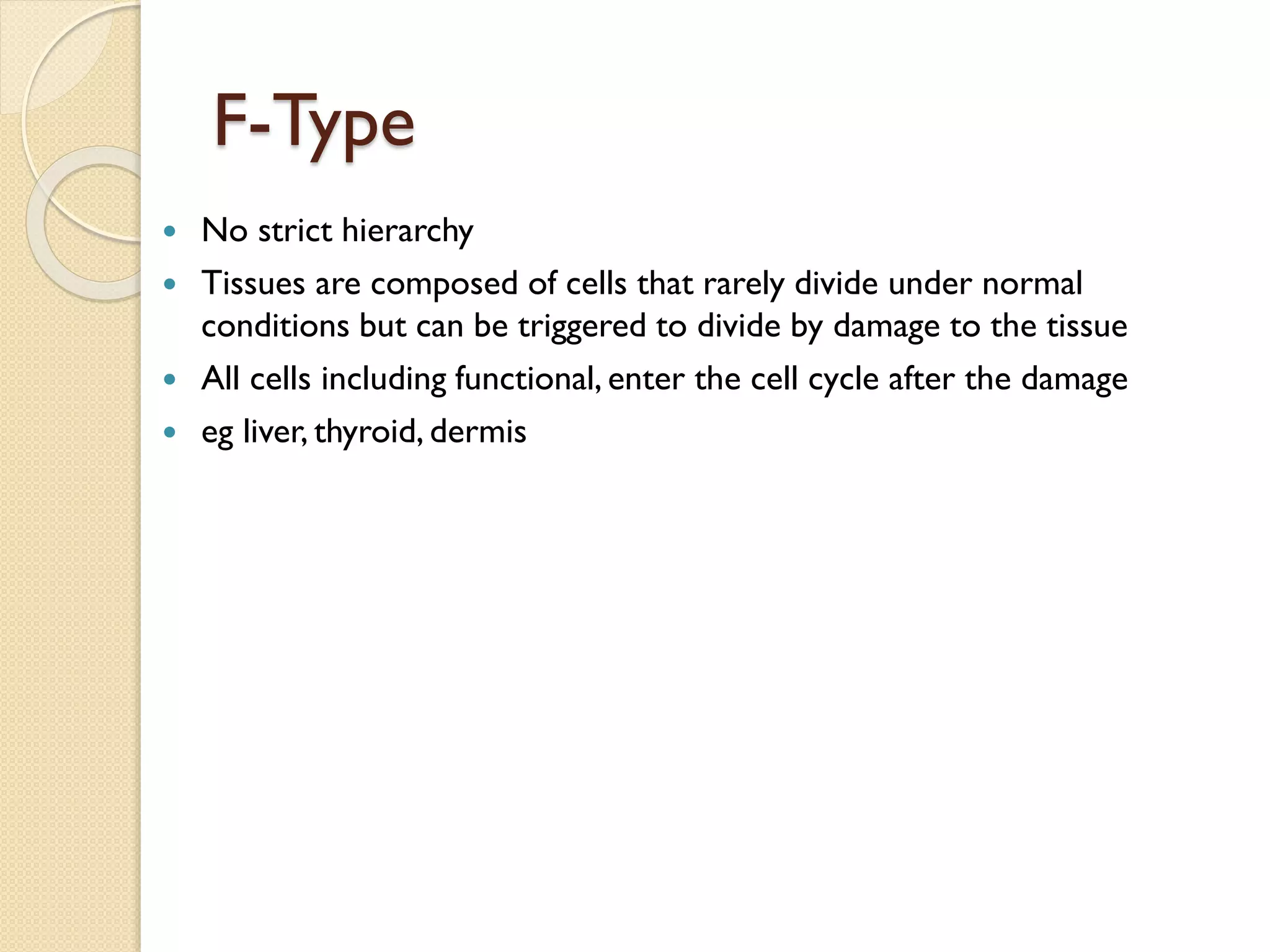 F-Type
 No strict hierarchy
 Tissues are composed of cells that rarely divide under normal
conditions but can be triggered to divide by damage to the tissue
 All cells including functional, enter the cell cycle after the damage
 eg liver, thyroid, dermis
 