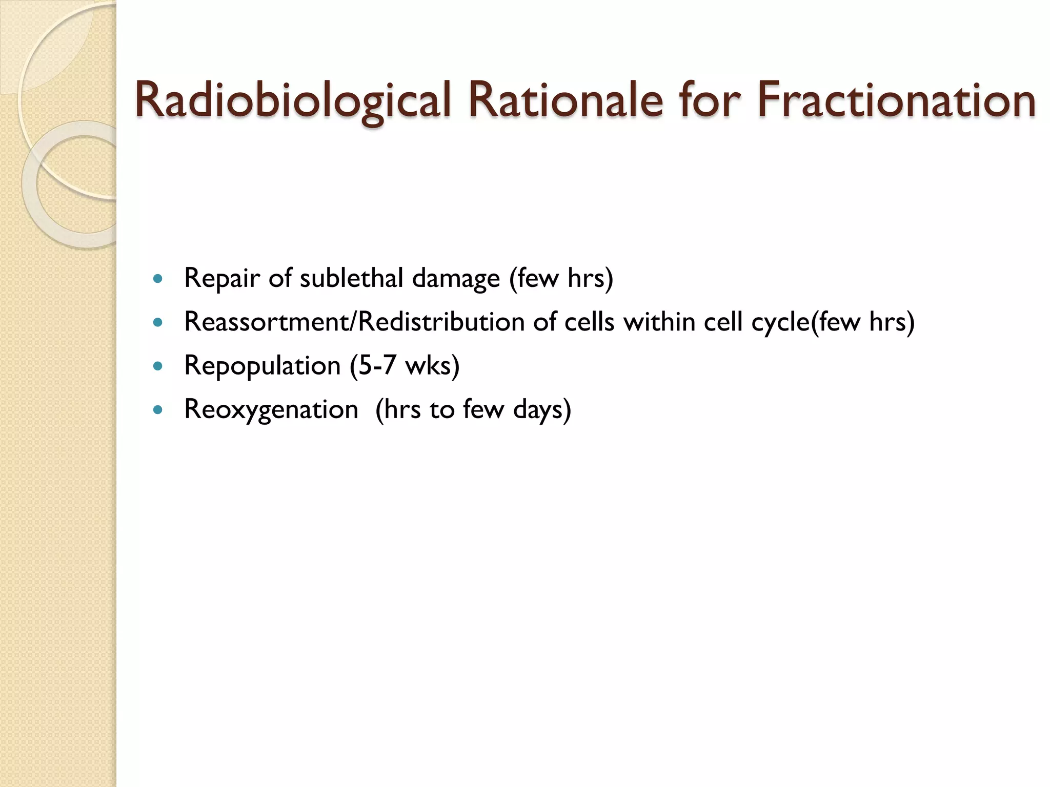Radiobiological Rationale for Fractionation
 Repair of sublethal damage (few hrs)
 Reassortment/Redistribution of cells within cell cycle(few hrs)
 Repopulation (5-7 wks)
 Reoxygenation (hrs to few days)
 