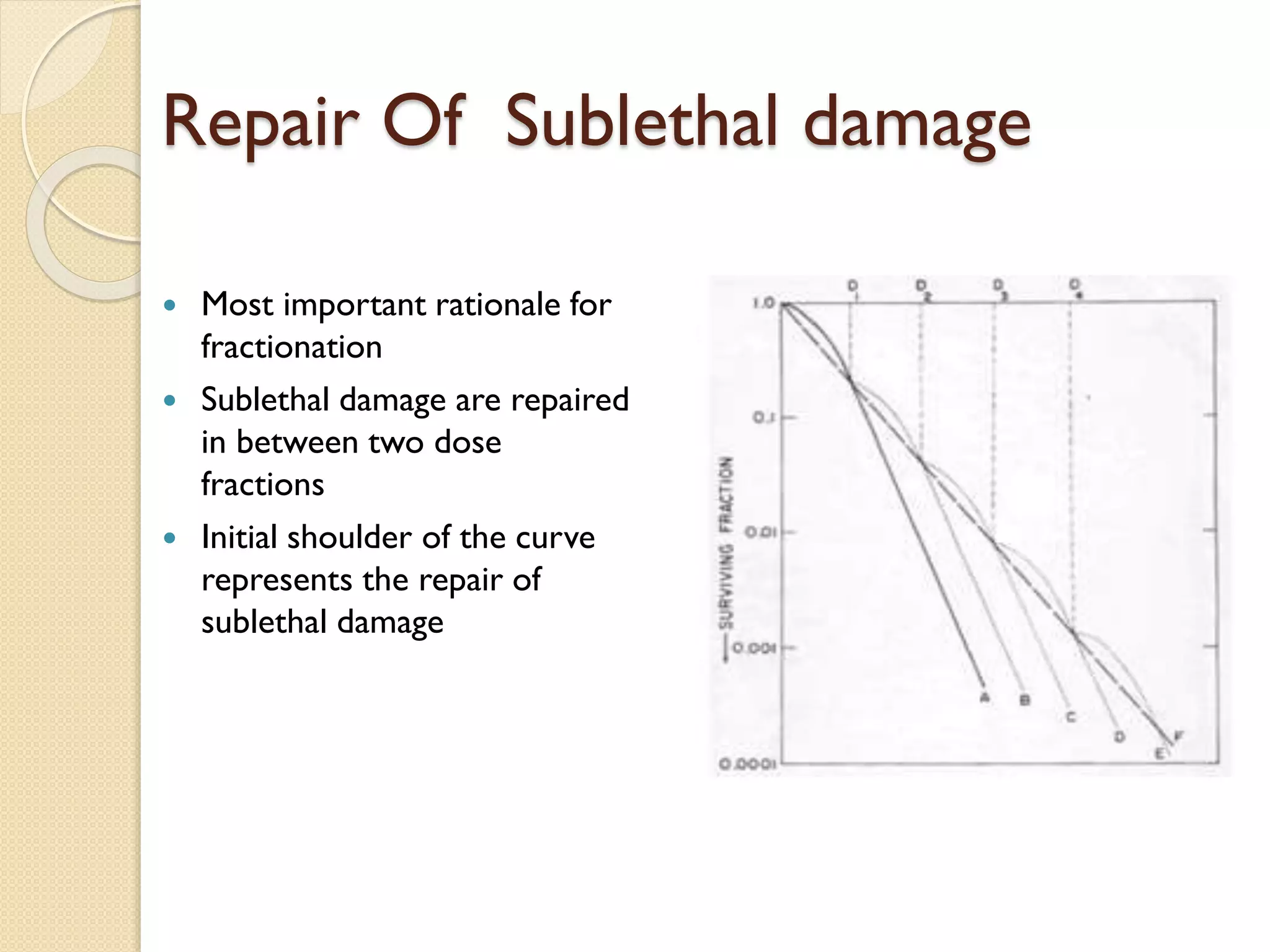 Repair Of Sublethal damage
 Most important rationale for
fractionation
 Sublethal damage are repaired
in between two dose
fractions
 Initial shoulder of the curve
represents the repair of
sublethal damage
 