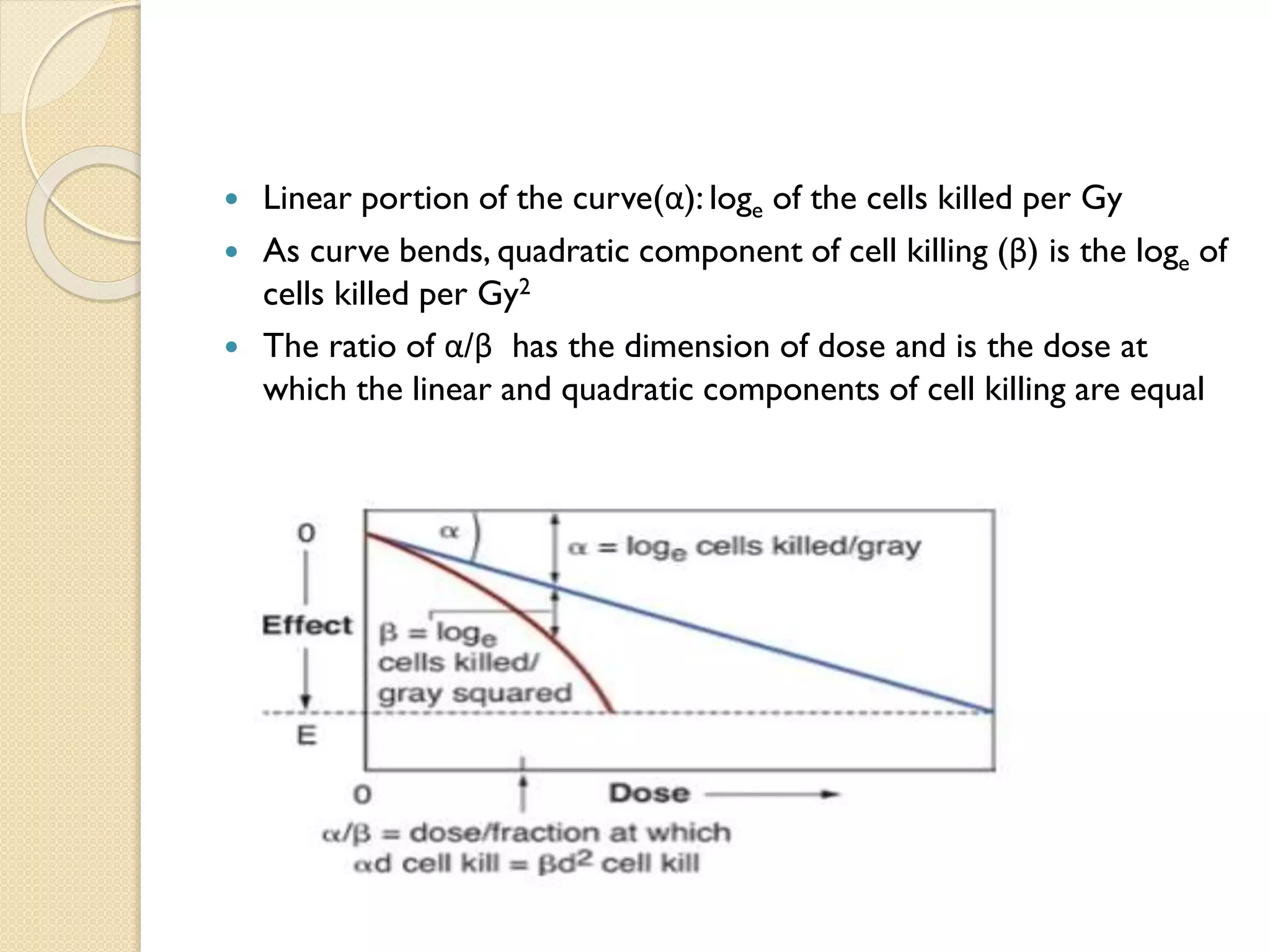  Linear portion of the curve(α): loge of the cells killed per Gy
 As curve bends, quadratic component of cell killing (β) is the loge of
cells killed per Gy2
 The ratio of α/β has the dimension of dose and is the dose at
which the linear and quadratic components of cell killing are equal
 