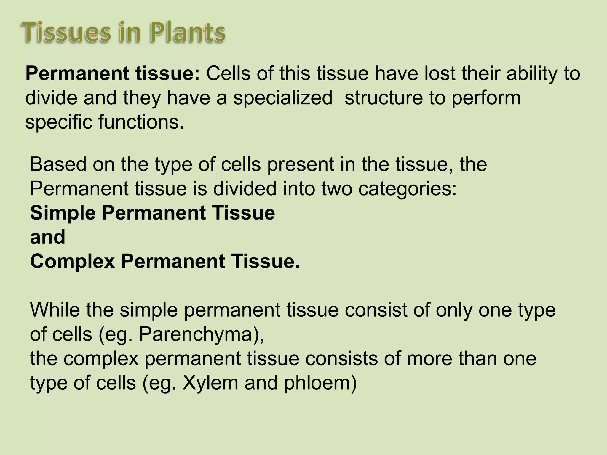 Permanent tissue: Cells of this tissue have lost their ability to divide and they have a specialized  structure to perform specific functions.Based on the type of cells present in the tissue, the Permanent tissue is divided into two categories:Simple Permanent Tissue and Complex Permanent Tissue.While the simple permanent tissue consist of only one type of cells (eg. Parenchyma), the complex permanent tissue consists of more than one type of cells (eg. Xylem and phloem)