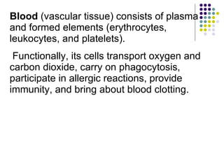 Blood  (vascular tissue) consists of plasma and formed elements (erythrocytes, leukocytes, and platelets).  Functionally, its cells transport oxygen and carbon dioxide, carry on phagocytosis, participate in allergic reactions, provide immunity, and bring about blood clotting. 