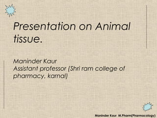 Presentation on Animal
tissue.
Maninder Kaur
Assistant professor (Shri ram college of
pharmacy, karnal)
Maninder Kaur M.Pharm(Pharmacology)
 