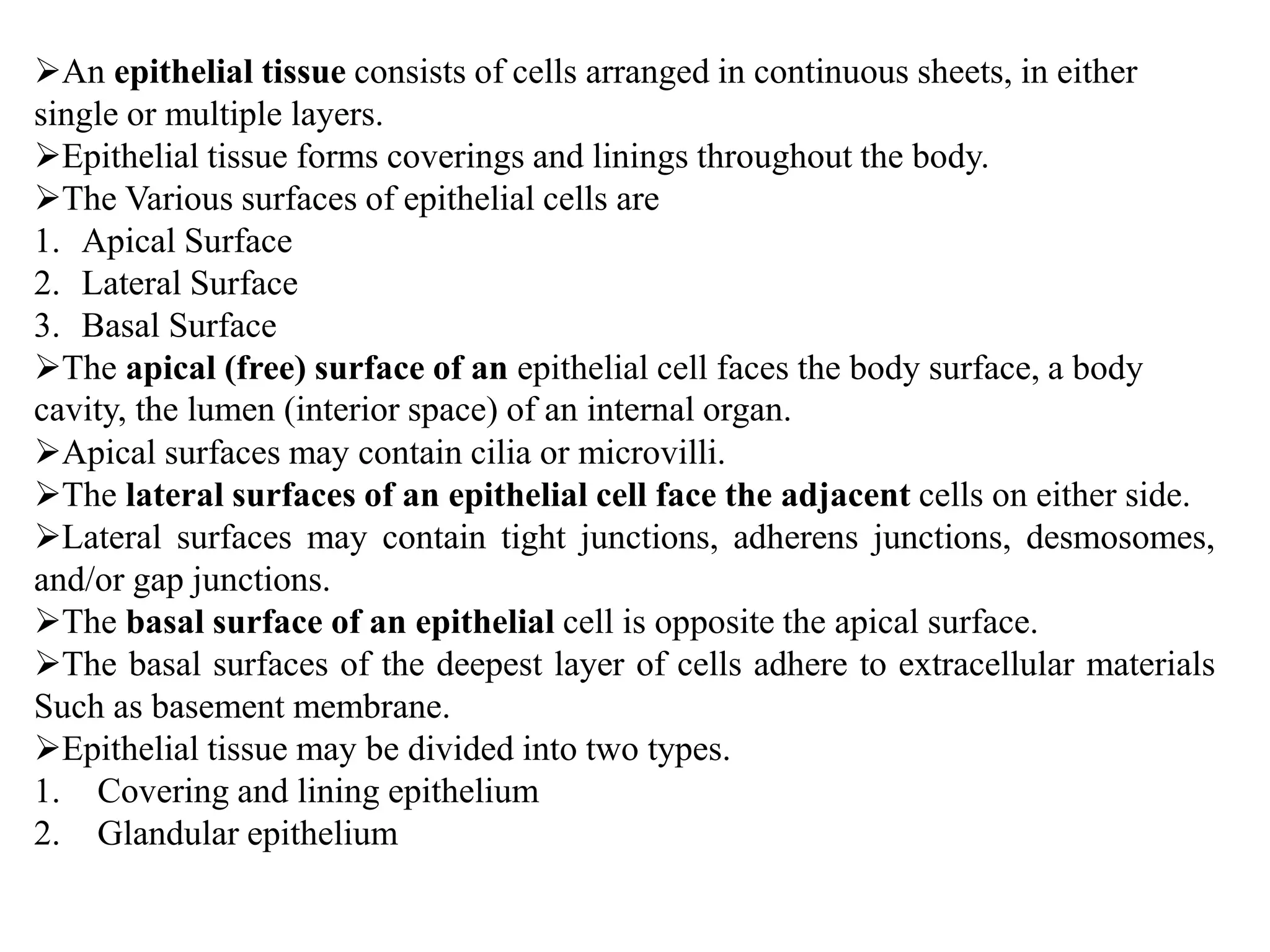 An epithelial tissue consists of cells arranged in continuous sheets, in either
single or multiple layers.
Epithelial tissue forms coverings and linings throughout the body.
The Various surfaces of epithelial cells are
1. Apical Surface
2. Lateral Surface
3. Basal Surface
The apical (free) surface of an epithelial cell faces the body surface, a body
cavity, the lumen (interior space) of an internal organ.
Apical surfaces may contain cilia or microvilli.
The lateral surfaces of an epithelial cell face the adjacent cells on either side.
Lateral surfaces may contain tight junctions, adherens junctions, desmosomes,
and/or gap junctions.
The basal surface of an epithelial cell is opposite the apical surface.
The basal surfaces of the deepest layer of cells adhere to extracellular materials
Such as basement membrane.
Epithelial tissue may be divided into two types.
1. Covering and lining epithelium
2. Glandular epithelium
 