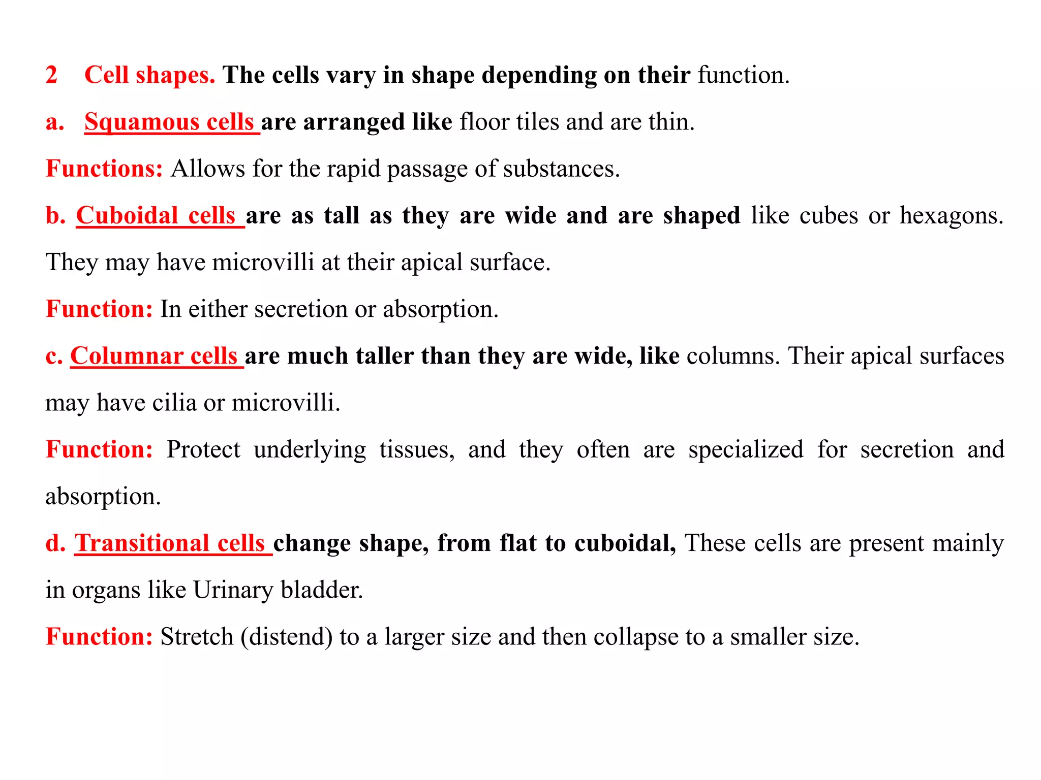 2 Cell shapes. The cells vary in shape depending on their function.
a. Squamous cells are arranged like floor tiles and are thin.
Functions: Allows for the rapid passage of substances.
b. Cuboidal cells are as tall as they are wide and are shaped like cubes or hexagons.
They may have microvilli at their apical surface.
Function: In either secretion or absorption.
c. Columnar cells are much taller than they are wide, like columns. Their apical surfaces
may have cilia or microvilli.
Function: Protect underlying tissues, and they often are specialized for secretion and
absorption.
d. Transitional cells change shape, from flat to cuboidal, These cells are present mainly
in organs like Urinary bladder.
Function: Stretch (distend) to a larger size and then collapse to a smaller size.
 