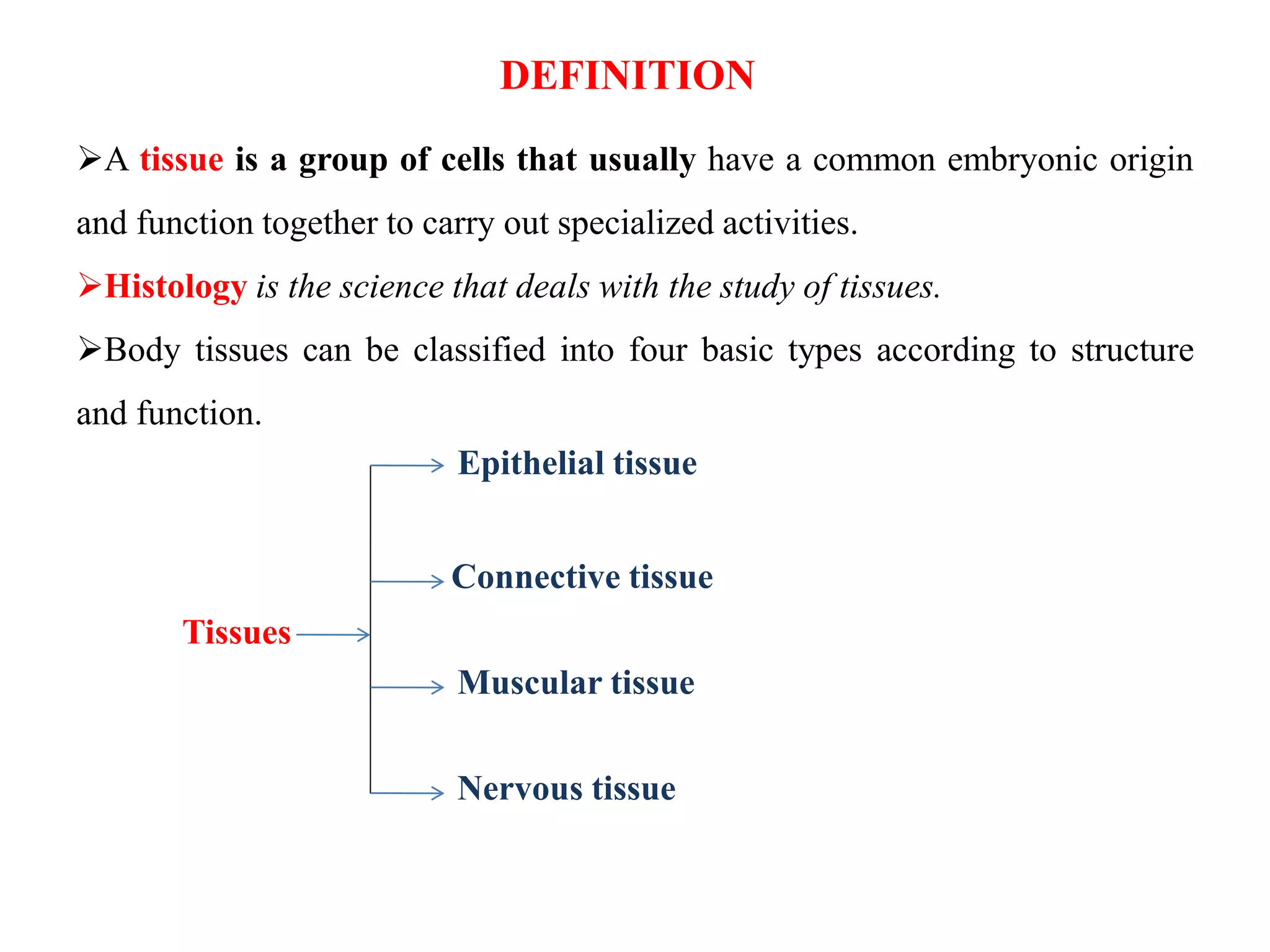 DEFINITION
A tissue is a group of cells that usually have a common embryonic origin
and function together to carry out specialized activities.
Histology is the science that deals with the study of tissues.
Body tissues can be classified into four basic types according to structure
and function.
Tissues
Epithelial tissue
Connective tissue
Muscular tissue
Nervous tissue
 