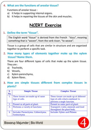 Biswarup Majumder | Bio-World
NCERT Exercise
Define the term “tissue”.1.
Tissue is a group of cells that are similar in structure and are organized
together to perform a specific task.
How many types of elements together make up the xylem
tissue? Name them.
2.
There are four different types of cells that make up the xylem tissue.
They are :
a) Tracheids,
b) Vessels,
c) Xylem parenchyma,
d) Xylem fibres.
How are simple tissues different from complex tissues in
plants?
3.
What are the functions of areolar tissue?4.
Functions of areolar tissue :
a) It helps in supporting internal organs.
b) It helps in repairing the tissues of the skin and muscles.
The English word “tissue” is derived from the French “tissu”, meaning
something that is “woven”, from the verb tisser, “to weave”.
 