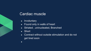 Cardiac muscle
● Involuntary
● Found only in walls of heart
● Striated , uninucleated, Branched
● Short
● Contract without outside stimulation and do not
get tired soon
●
 
