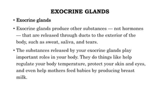EXOCRINE GLANDS
• Exocrine glands
• Exocrine glands produce other substances — not hormones
— that are released through ducts to the exterior of the
body, such as sweat, saliva, and tears.
• The substances released by your exocrine glands play
important roles in your body. They do things like help
regulate your body temperature, protect your skin and eyes,
and even help mothers feed babies by producing breast
milk.
 
