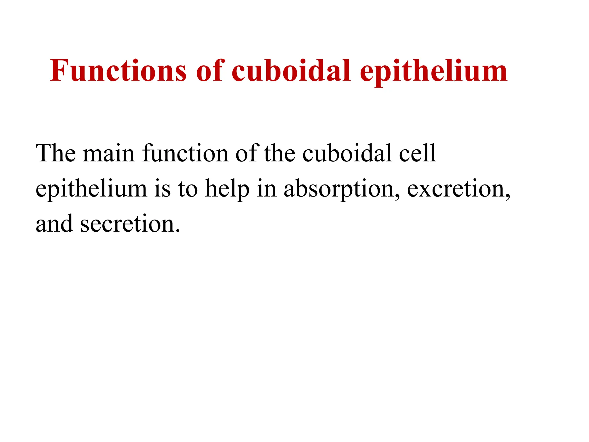 Functions of cuboidal epithelium
The main function of the cuboidal cell
epithelium is to help in absorption, excretion,
and secretion.
 