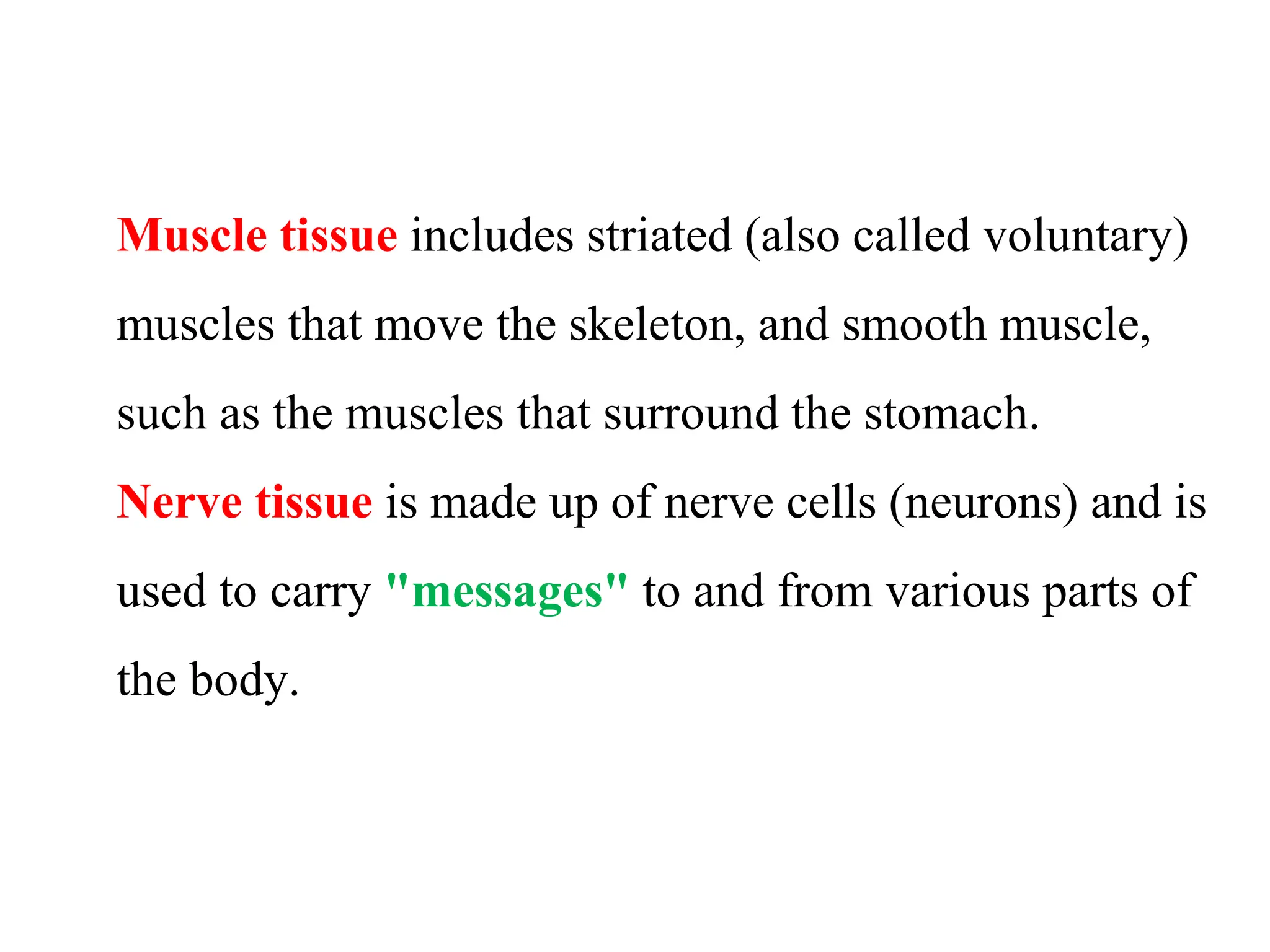 Muscle tissue includes striated (also called voluntary)
muscles that move the skeleton, and smooth muscle,
such as the muscles that surround the stomach.
Nerve tissue is made up of nerve cells (neurons) and is
used to carry "messages" to and from various parts of
the body.
 