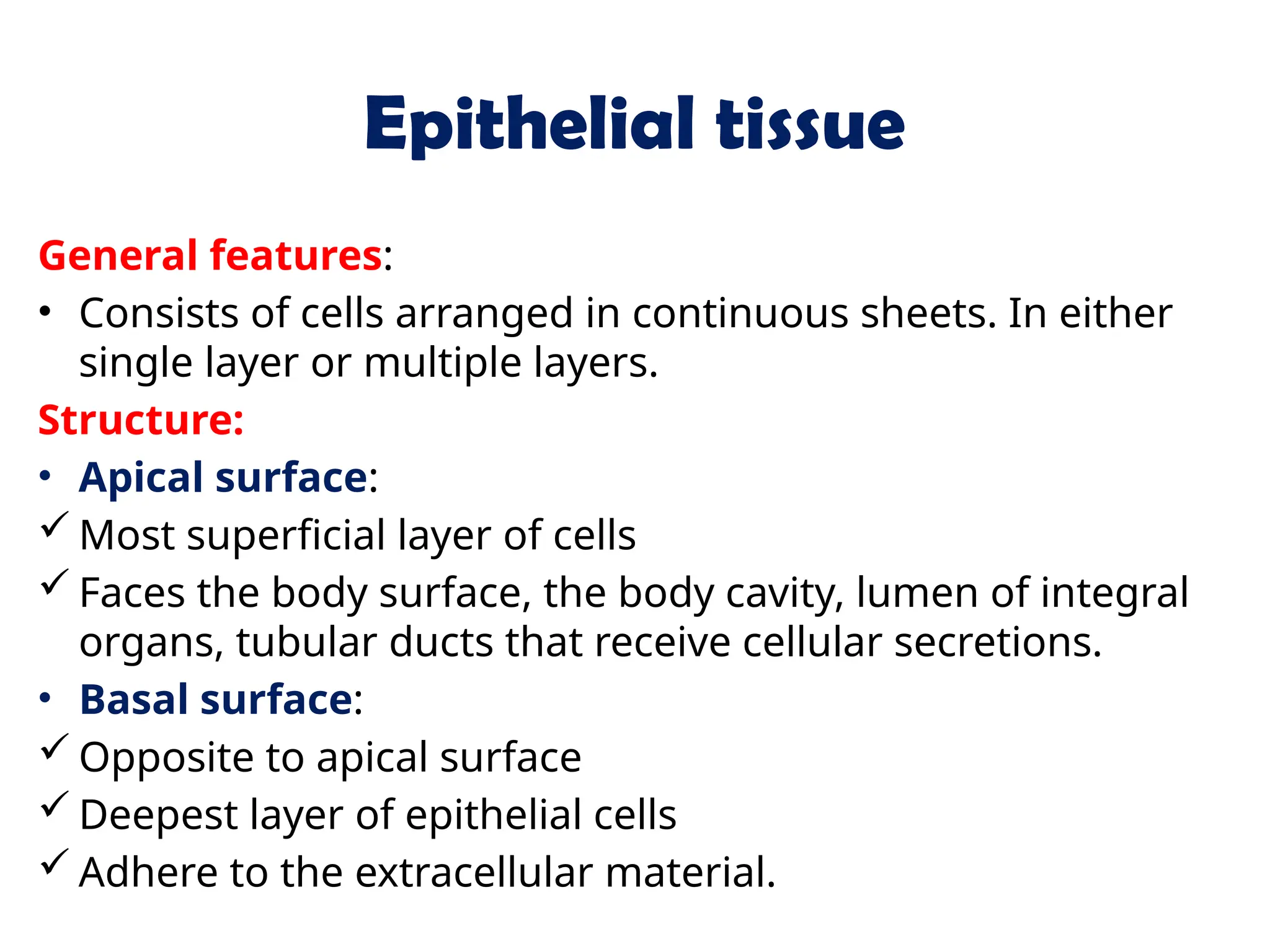 Epithelial tissue
General features:
• Consists of cells arranged in continuous sheets. In either
single layer or multiple layers.
Structure:
• Apical surface:
 Most superficial layer of cells
 Faces the body surface, the body cavity, lumen of integral
organs, tubular ducts that receive cellular secretions.
• Basal surface:
 Opposite to apical surface
 Deepest layer of epithelial cells
 Adhere to the extracellular material.
 