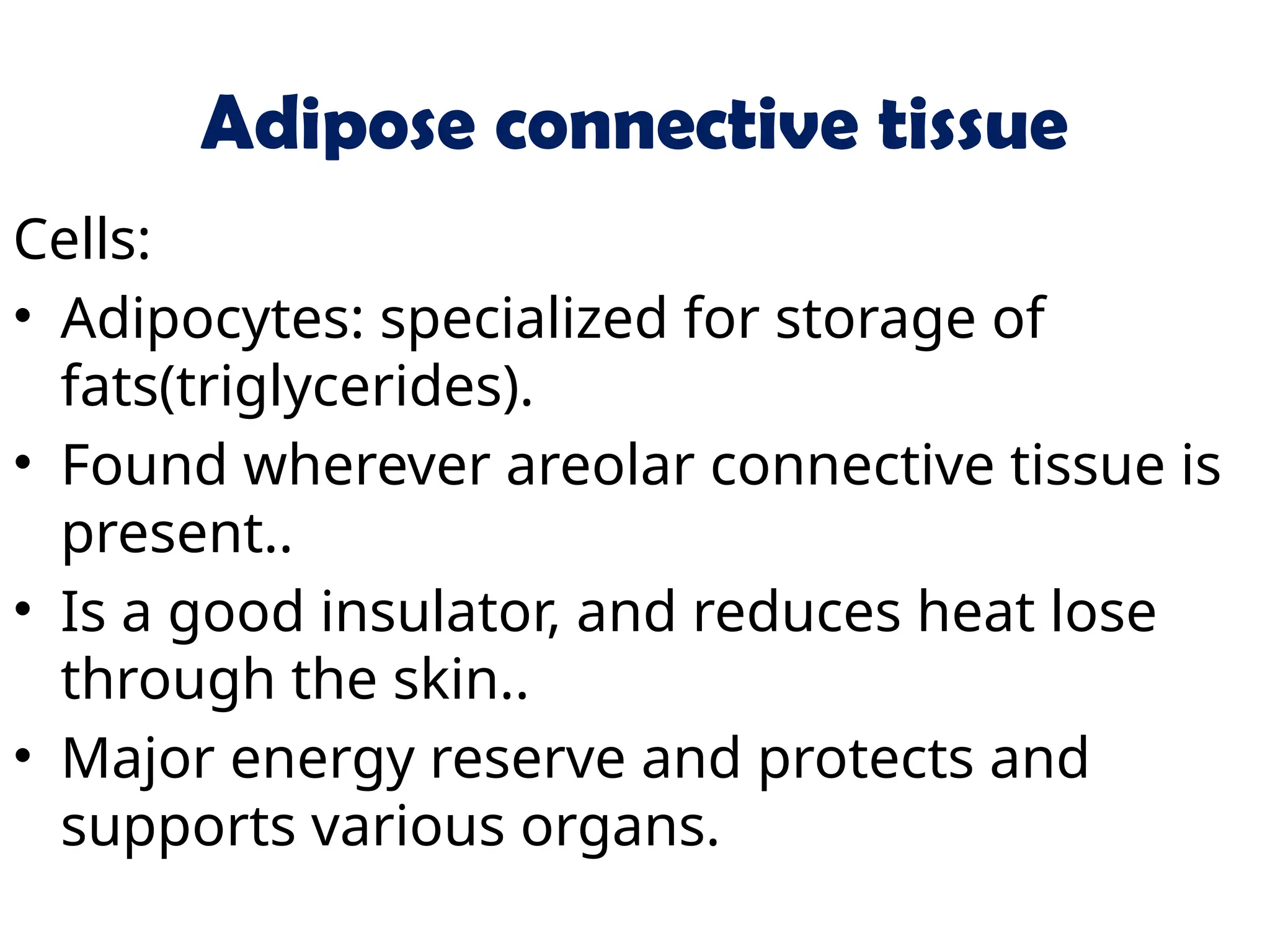 Adipose connective tissue
Cells:
• Adipocytes: specialized for storage of
fats(triglycerides).
• Found wherever areolar connective tissue is
present..
• Is a good insulator, and reduces heat lose
through the skin..
• Major energy reserve and protects and
supports various organs.
 