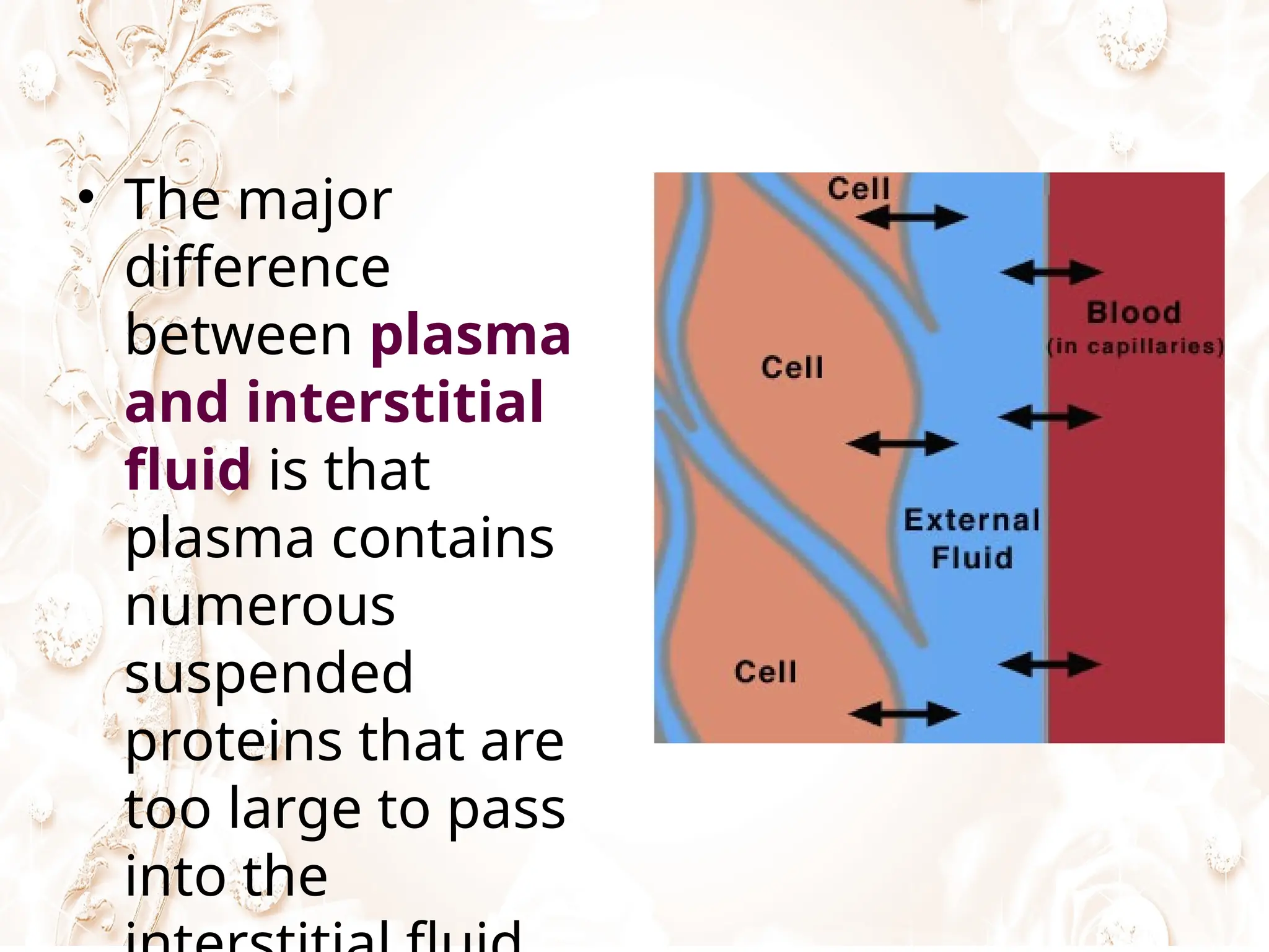 • The major
difference
between plasma
and interstitial
fluid is that
plasma contains
numerous
suspended
proteins that are
too large to pass
into the
 