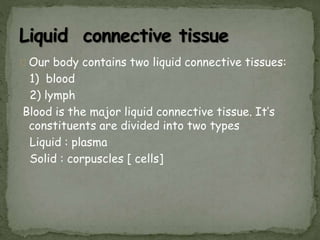 Our body contains two liquid connective tissues:
1) blood
2) lymph
Blood is the major liquid connective tissue. It’s
constituents are divided into two types
Liquid : plasma
Solid : corpuscles [ cells]
 