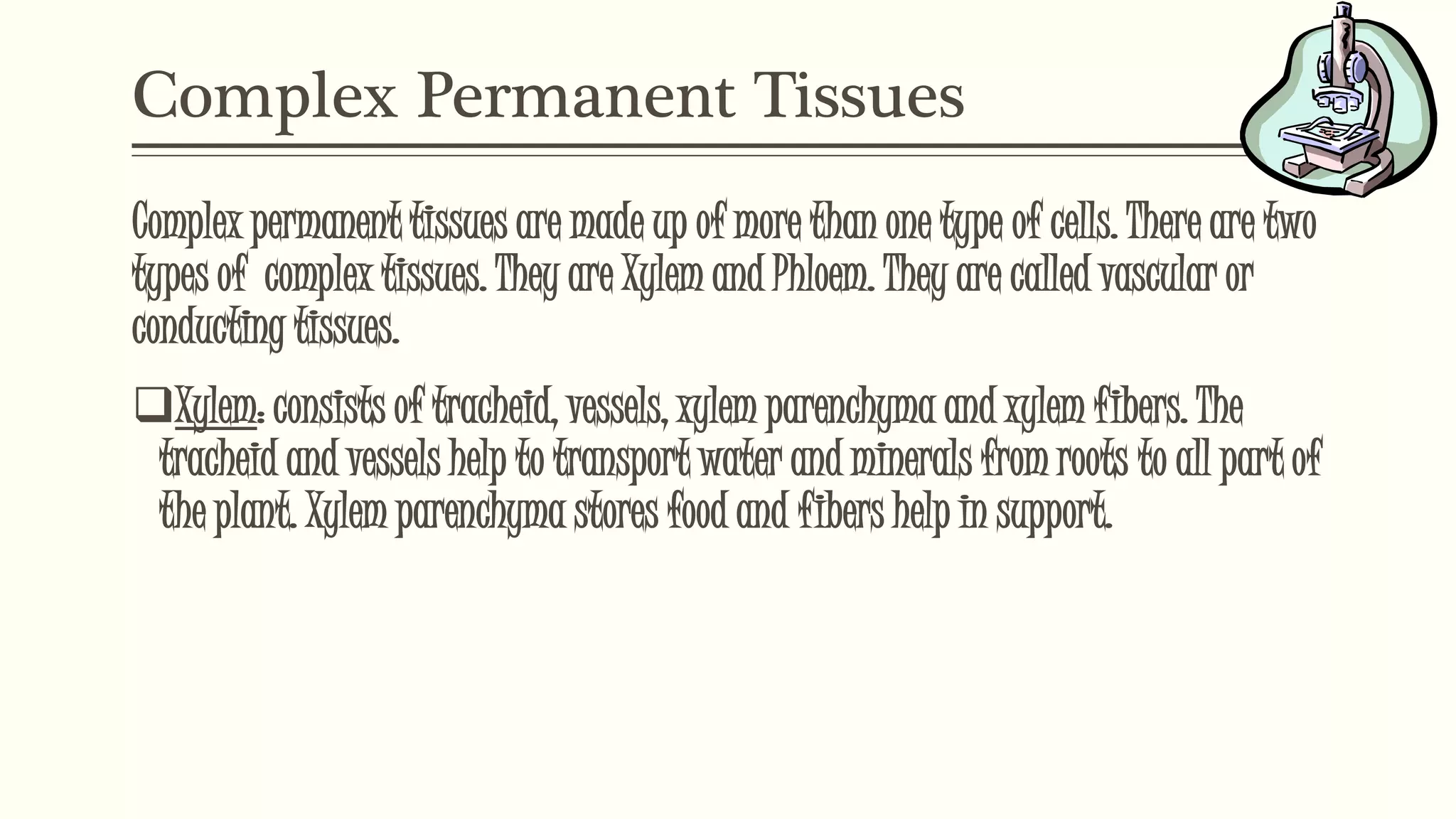 Complex Permanent Tissues
Complex permanent tissues are made up of more than one type of cells. There are two
types of complex tissues. They are Xylem and Phloem. They are called vascular or
conducting tissues.
Xylem: consists of tracheid, vessels, xylem parenchyma and xylem fibers. The
tracheid and vessels help to transport water and minerals from roots to all part of
the plant. Xylem parenchyma stores food and fibers help in support.
 