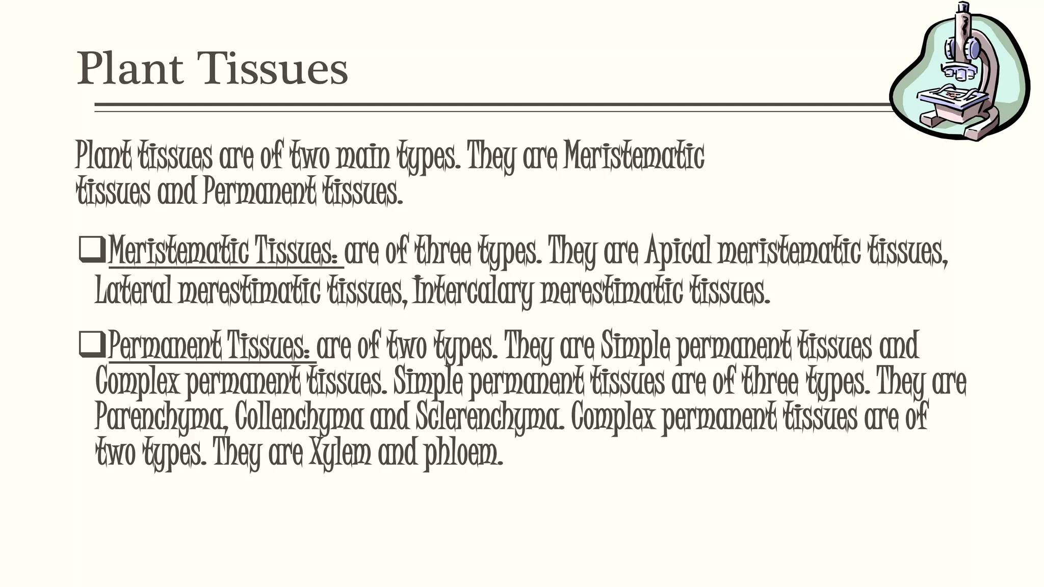 Plant Tissues
Plant tissues are of two main types. They are Meristematic
tissues and Permanent tissues.
Meristematic Tissues: are of three types. They are Apical meristematic tissues,
Lateral merestimatic tissues, Intercalary merestimatic tissues.
Permanent Tissues: are of two types. They are Simple permanent tissues and
Complex permanent tissues. Simple permanent tissues are of three types. They are
Parenchyma, Collenchyma and Sclerenchyma. Complex permanent tissues are of
two types. They are Xylem and phloem.
 
