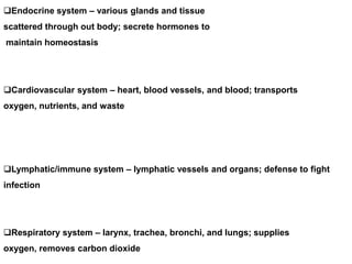 Endocrine system – various glands and tissue
scattered through out body; secrete hormones to
maintain homeostasis




Cardiovascular system – heart, blood vessels, and blood; transports
oxygen, nutrients, and waste




Lymphatic/immune system – lymphatic vessels and organs; defense to fight
infection




Respiratory system – larynx, trachea, bronchi, and lungs; supplies
oxygen, removes carbon dioxide
 