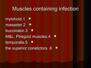 Muscles containing infectionMuscles containing infection
11..mylohoidmylohoid
22..massetermasseter
33..buccinatorbuccinator
44..M&L. Ptregoid musclesM&L. Ptregoid muscles
55..temporalistemporalis
66..the superior constictorsthe superior constictors
 