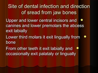Site of dental infection and directionSite of dental infection and direction
of sread from jaw bonesof sread from jaw bones
Upper and lower central incisors andUpper and lower central incisors and
canines and lower premolars the abcesscanines and lower premolars the abcess
exit labiallyexit labially
Lower third molars it exit lingually fromLower third molars it exit lingually from
bonebone
From other teeth it exit labially andFrom other teeth it exit labially and
occasionally exit palataly or linguallyoccasionally exit palataly or lingually
 