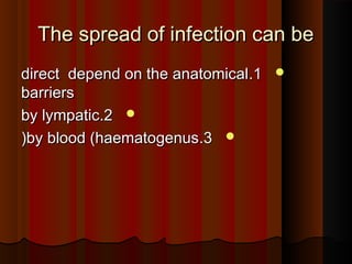 The spread of infection can beThe spread of infection can be
11..direct depend on the anatomicaldirect depend on the anatomical
barriersbarriers
22..by lympaticby lympatic
33..by blood (haematogenusby blood (haematogenus((
 