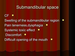 Submandibular spaceSubmandibular space
CFCF
Swelling of the submandibular regionSwelling of the submandibular region
Pain tenerness,dysphagiaPain tenerness,dysphagia
Systemic toxic effectSystemic toxic effect
DiscomfortDiscomfort
Difficult opening of the mouthDifficult opening of the mouth
 