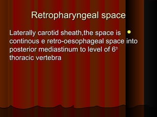 Retropharyngeal spaceRetropharyngeal space
Laterally carotid sheath,the space isLaterally carotid sheath,the space is
continous e retro-oesophageal space intocontinous e retro-oesophageal space into
posterior mediastinum to level of 6posterior mediastinum to level of 6thth
thoracic vertebrathoracic vertebra
 