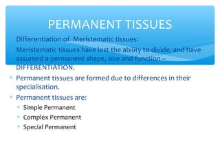 ∗ Differentiation of Meristematic tissues:
∗ Meristematic tissues have lost the ability to divide, and have
assumed a permanent shape, size and function –
DIFFERENTIATION.
∗ Permanent tissues are formed due to differences in their
specialisation.
∗ Permanent tissues are:
∗ Simple Permanent
∗ Complex Permanent
∗ Special Permanent
PERMANENT TISSUES
 