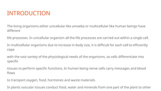 INTRODUCTION
The living organisms either unicellular like amoeba or multicellular like human beings have
different
life processes. In unicellular organism all the life processes are carried out within a single cell.
In multicellular organisms due to increase in body size, it is difficult for each cell to efficiently
cope
with the vast variety of the physiological needs of the organisms, so cells differentiate into
specific
tissues to perform specific functions. In human being nerve cells carry messages and blood
flows
to transport oxygen, food, hormones and waste materials.
In plants vascular tissues conduct food, water and minerals from one part of the plant to other
 