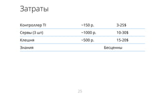 Затраты 
Контроллер TI ~150 р. 3-25$ 
Сервы (3 шт) ~1000 р. 10-30$ 
Клешня ~500 р. 15-20$ 
Знания Бесценны 
25 
 