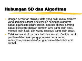 Hubungan SD dan Algoritma Dengan pemilihan struktur data yang baik, maka problem yang kompleks dapat diselesaikan sehingga algoritma dapat digunakan secara efisien, operasi-operasi penting dapat dieksekusi dengan sumber daya yang lebih kecil, memori lebih kecil, dan waktu eksekusi yang lebih cepat. Tidak semua struktur data baik dan sesuai.  Contoh untuk problem data bank: pengupdate-an harus cepat, sedangkan penambahan/penghapusan data boleh lebih lambat. 