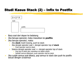 Studi Kasus Stack (2) – Infix to Postfix Baca soal dari depan ke belakang Jika berupa operand, maka masukkan ke  posftix Jika berupa operator, maka: Jika  stack  masih kosong, push ke stack Jika derajat operator soal > derajat operator top of  stack Push operator soal ke stack Selama derajat operator soal <= derajat operator top of stack Pop top of stack dan masukkan ke dalam posfix Setelah semua dilakukan, push operator soal ke stack Jika sudah semua soal dibaca, pop semua isi stack dan push ke postfix sesuai dengan urutannya 3 + 2 * 5 stack posftix 