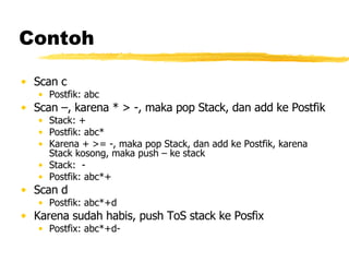 Contoh Scan c Postfik: abc Scan –, karena * > -, maka pop Stack, dan add ke Postfik Stack: + Postfik: abc* Karena + >= -, maka pop Stack, dan add ke Postfik, karena Stack kosong, maka push – ke stack Stack:  - Postfik: abc*+ Scan d Postfik: abc*+d Karena sudah habis, push ToS stack ke Posfix Postfix: abc*+d- 