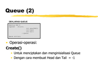 Queue (2) Operasi-operasi: Create() Untuk menciptakan dan menginisialisasi Queue Dengan cara membuat Head dan Tail  = -1 