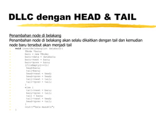 DLLC dengan HEAD & TAIL Penambahan node di belakang Penambahan node di belakang akan selalu dikaitkan dengan tail dan kemudian  node baru tersebut akan menjadi tail void  insertBelakang(int databaru){ TNode *baru; baru = new TNode; baru->data = databaru; baru->next = baru; baru->prev = baru; if(isEmpty()==1){   head=baru;   tail=baru;   head->next = head;   head->prev = head;   tail->next = tail;   tail->prev = tail; } else {   tail->next = baru;   baru->prev = tail;   tail = baru;   tail->next = head;   head->prev = tail; } cout<<&quot;Data masuk\n&quot;; }   