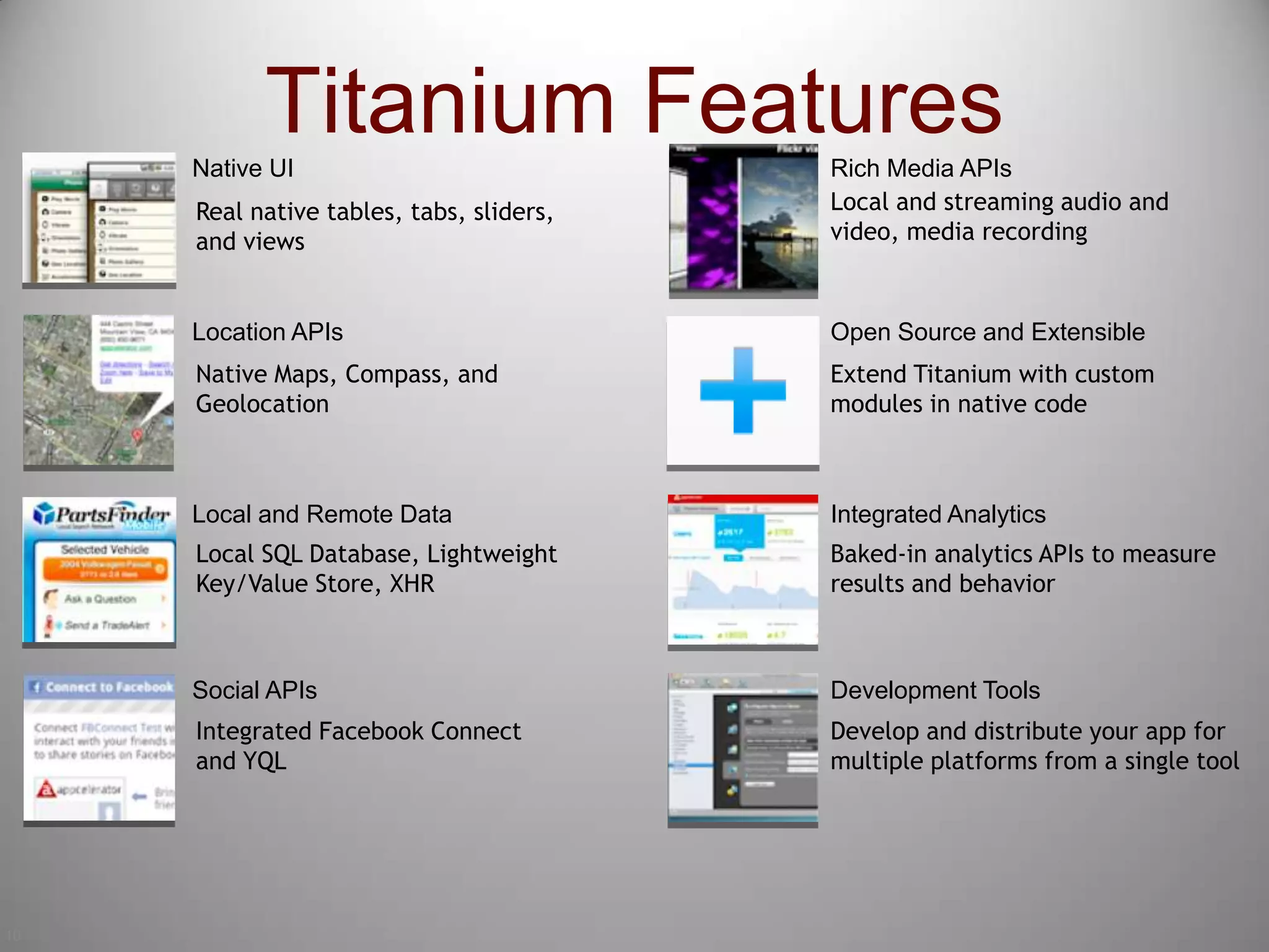 10Titanium FeaturesNative UIRich Media APIsLocal and streaming audio andvideo, media recordingReal native tables, tabs, sliders,and viewsLocation APIsOpen Source and ExtensibleNative Maps, Compass, and GeolocationExtend Titanium with custommodules in native codeLocal and Remote DataIntegrated AnalyticsLocal SQL Database, LightweightKey/Value Store, XHRBaked-in analytics APIs to measureresults and behaviorSocial APIsDevelopment ToolsIntegrated Facebook Connectand YQLDevelop and distribute your app formultiple platforms from a single tool