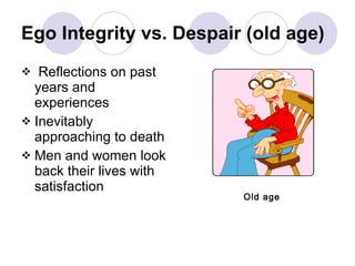 Ego Integrity vs. Despair (old age) Reflections on past years and experiences Inevitably approaching to death Men and women look back their lives with satisfaction Old age 